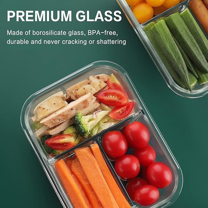 HOMBERKING 8 Pack Glass Meal Prep Containers 3 Compartment, 36oz Glass Food Storage Containers with Lids, Airtight Glass Lunch Bento Boxes, BPA-Free & Leak Proof (8 lids & 8 Containers) - Pink