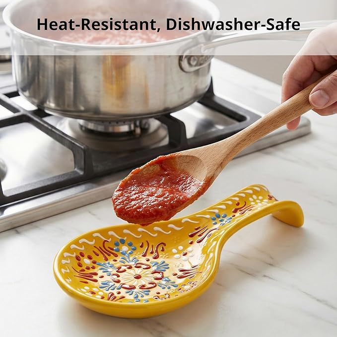 BCS Ceramic Spoon Rest, Large 9” Hand Painted Spoon Holder for Stove Top & Kitchen Counter, Dishwasher Safe & Heat Resistant Utensil Holder, Floral Kitchen Decor, Handmade Pottery