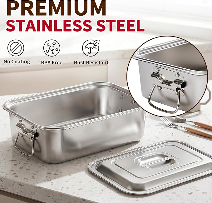 Extra Deep Stainless Steel Lasagna Pan with Loop Handles & Lid, 14 x 9.9 x 4 Inch, 6.3 QT Large Casserole Baking Dish, Oven Safe Heavy Duty Baking & Roasting Pan for Meal Prep & Storage