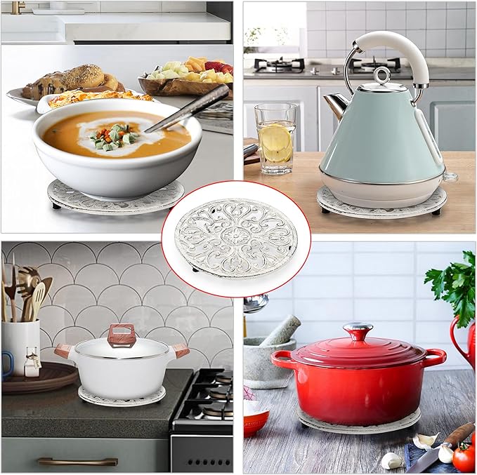 Sumnacon 2Pcs Round Cast Iron Trivets - 6.7 Inch Heat Resistant Iron Trivets for Hot Dish Pot Pan Plate Teapot, Rustic Cast Iron Hot Dish Plate Holder for Kitchen Dining Table Countertop Cooktop,White