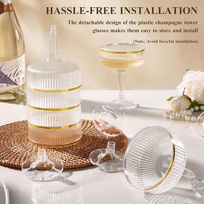 Goodluck 4-Tier Champagne Tower Glasses - 20 PCS 7oz Clear Plastic Champagne Flutes, Plastic Coupe Glasses with Vertical Stripes for Weddings, Celebrations, Parties & Birthdays(Gold Rim)