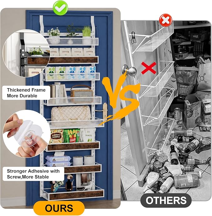 8 Tiers Pantry Door Organizer Spice Rack, 2-IN-1 Wall Mount or Hanging Over Door Seasoning Organizer with Adjustable Baskets, Heavy Duty Behind Door Storage Shelves for Pantry, Cabinet and Kitchen