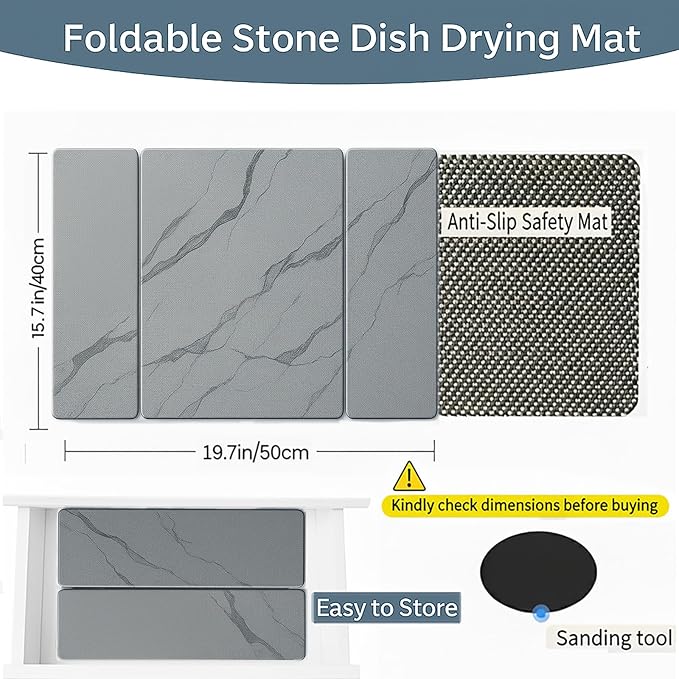 Stone Drying Mat for Kitchen Counter ,19.7"×14.7" Diatomaceous Earth Dish Drying Mat, Absorbent Drying Stone Mat for Modern Kitchen Countertop (Dark Gray, Medium)