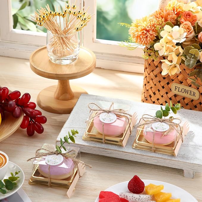 Honeydak Clear Cake Containers Mooncake Boxes with Lids, Wedding Dessert Cupcake Box with Forks, Thank You Tags Eucalyptus Leaves, Mini Cake Packaging for Wedding Favors Birthday Party(Gold,50 Sets)