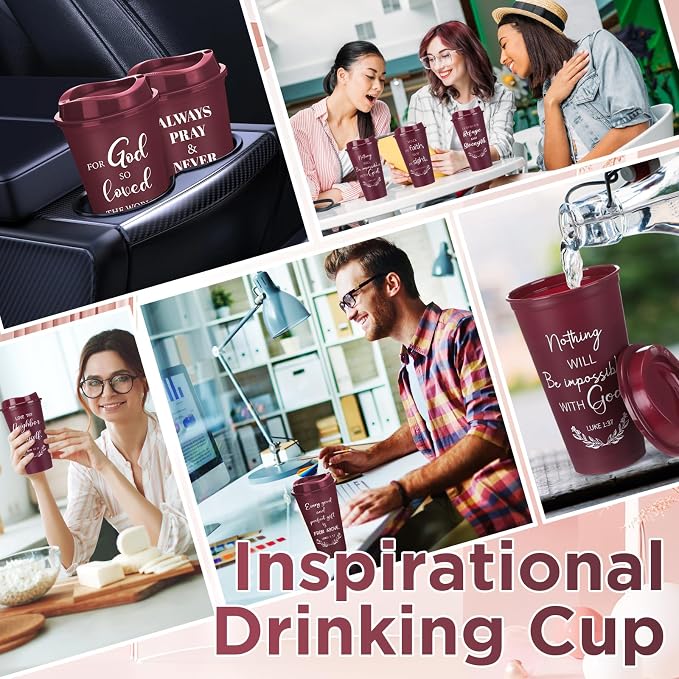 Skylety 40 Pack Bulk Christian Gifts for Men Women 16oz Reusable Bible Verse Tumbler Plastic Coffee Cup with Lid Inspirational Religious Church Gift for Teacher Graduation Party Favor (Burgundy)