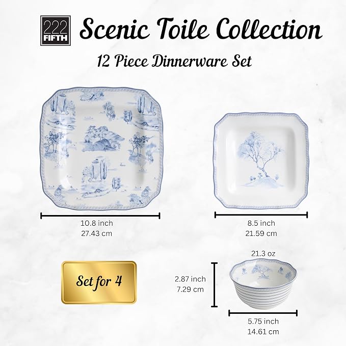 222 Fifth 12-Piece Porcelain Dinnerware Set for 4, Glossy White Plates and Bowls Set with Blue Decal, Elegant Square Ceramic Dish Set, Kitchen Tableware, Microwave & Dishwasher Safe, Scenic Toile