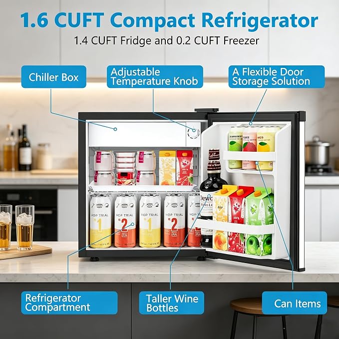 Antarctic Star Compact Refrigerator,1.6 Cu.Ft Single Door Small Fridge,With Removable Glass Shelf and Adjustable Thermostat,for Dorm,Office,Apartment,SILVER