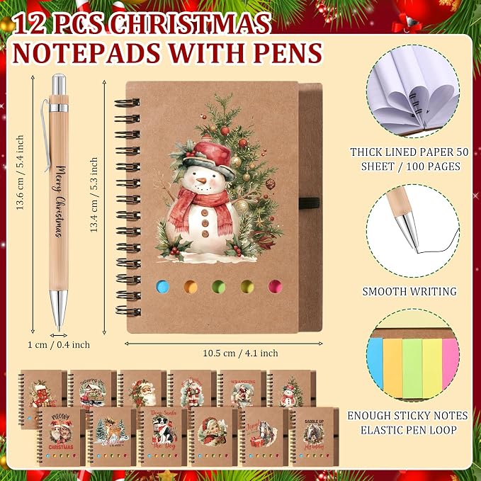 Skylety 12 Set Christmas Gifts Bulk 16 oz Santa Glass Cups with Lids Straws Xmas Notebook Sticky Note Pens for Women Students School Office Holiday Party Favors
