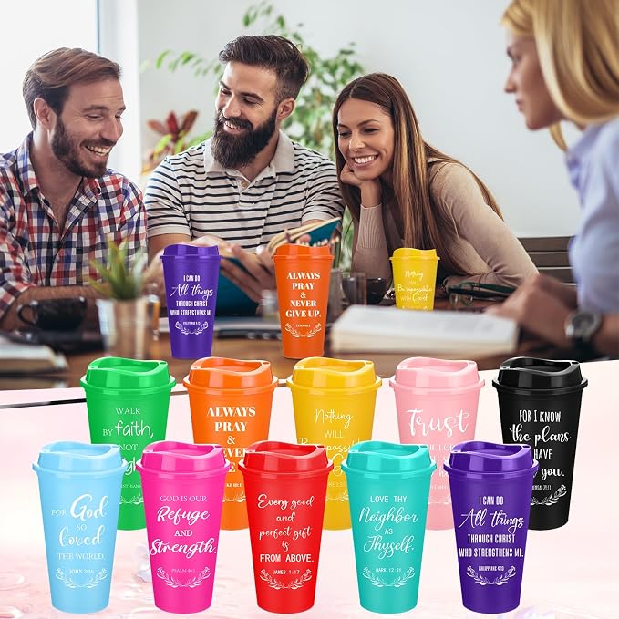 Skylety 20 Pack Bulk Christian Gifts for Men Women 16oz Reusable Bible Verse Tumbler Plastic Coffee Cup with Lid Inspirational Religious Church Gift for Teacher Graduation Party Favor (Rainbow Color)