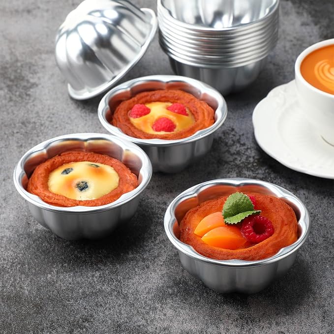 Honeydak 24 Pack Pudding Cup Pans Mini Fluted Cake Small Jelly Pans Aluminum Alloy Reusable Cake Tartlets for Baking Egg Tart Flan Cupcake Bread Muffin Brownie Pudding, Non-sticky(R-15)