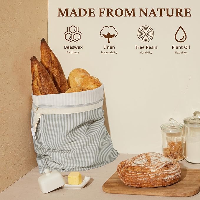 BRONYPRO Reusable Beeswax and Linen Bread Bags with Zipper, 2-Pack Waxed Bread Bags for Homemade Bread & Sourdough, Sustainable Sourdough Loaf Storage to Lock in Freshness, Large 17x12.6in, Grey
