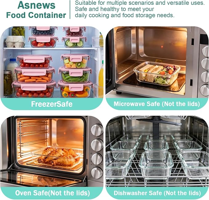 8 Pack Glass Meal Prep Containers with Lids, Glass Food Storage Containers with Snap Locking Lids, Airtight Lunch Containers for Microwave, Oven, Freezer and Dishwasher BPA Free (Pink)