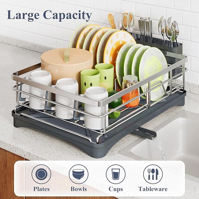 Dish Drying Rack - Stainless Steel Dish Rack for Kitchen Counter, Large-Capacity Dish Drainer with Cutlery Holder, Kitchen Organizer for Dishes, Spoons and Forks, Silver