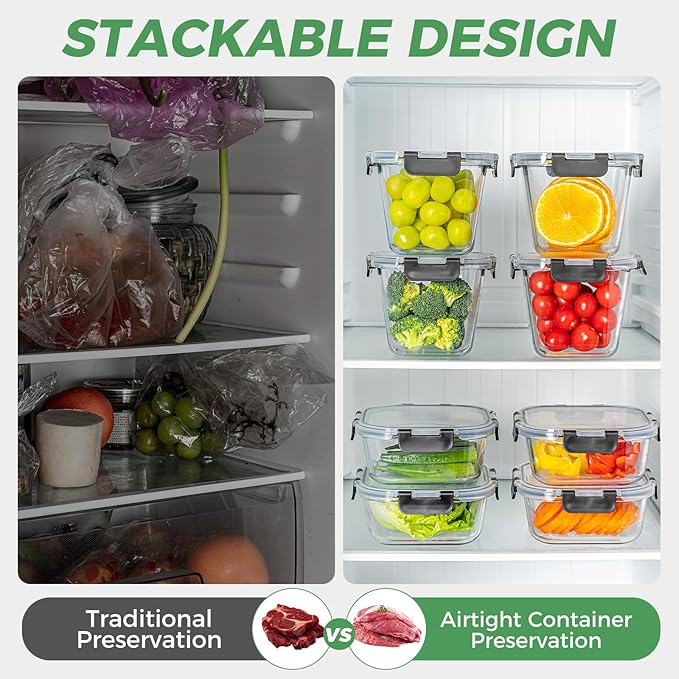 4 Pack 27oz Glass Food Storage Containers with Lids and 4 Pack 32OZ Glass Meal Prep Containers Microwave, Oven, Freezer and Dishwasher, BPA Free