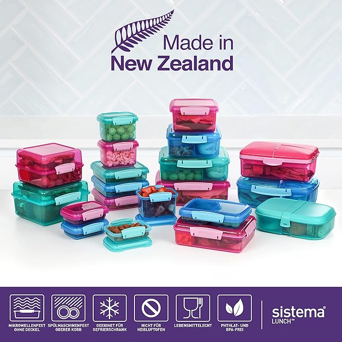 Sistema 3-Piece Sandwhich Containers for Lunch Boxes and Meal Prep, Dishwasher Safe, 1.9-Cup, Blue/Green/Pink