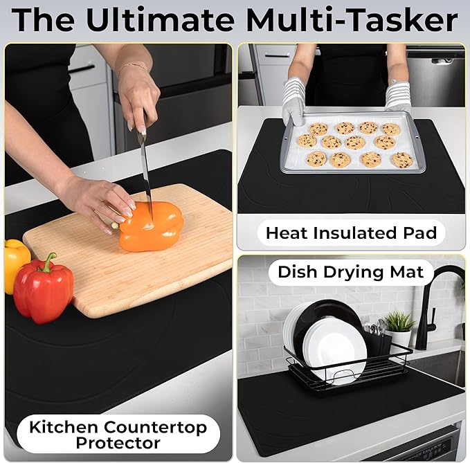 Stove Top Covers for Electric Stove - Silicone Stove Mat for Glass Top Stove - 28"x20" Stove Top Protector, Heat Resistant (450°F), XL Dish Drying Mat, Stove Cover – Black