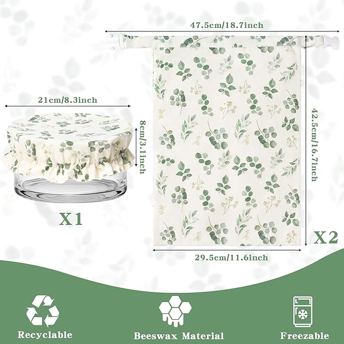 Reusable Beeswax Bread Bags - 3 Pack Bees Wax Food Bag, Homemade Sourdough Bread Storage with Bowl Cover, Linen Cotton Large Beeswax Freezer Container for Home Kitchen (Eucalyptus Leaf)