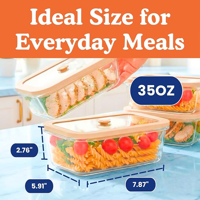 Ziruma Non-Toxic Glass Food Containers with Lids, 4-Pack, 35 oz, Beige | Plastic & BPA free. Glass body, glass lid & platinum silicone seal. Airtight & leakproof. Freezer & microwave safe.