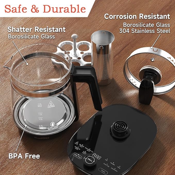 Hot Tea Maker Glass Electric Kettle with Infuser and Temperature Control,1.5L Stainless Steel 1200W Rapid Boiling,Programmable Control for your Favorite Teas and Coffee,Black