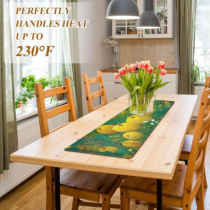 2-in-1 Table Runner Trivet for Hot Dishes Heat Resistant Hot Plate Mat Pad 39x12 Inch Waterproof Table Protector Trivets for Countertop Decorative Yellow Pumpkin Flower Tree