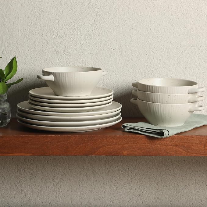 Gibson Elite Clover Hill 12-Piece Stoneware Dinnerware Set – White Cream Embossed Plates and Bowls with Matte Speckled Reactive Glaze, Service for 4 – Microwave & Dishwasher Safe