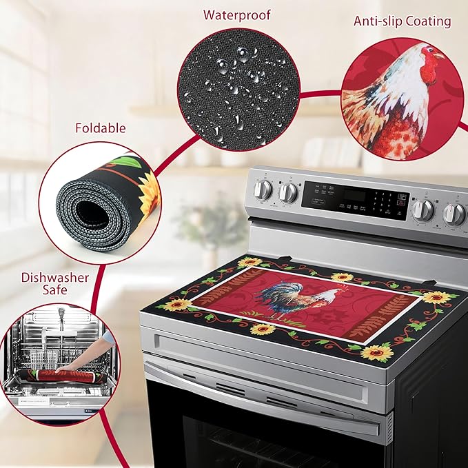 Farmhouse Rooster Stove Top Covers for Electric Stove 20x28 Inch Farmhouse Heat Resistant Glass Top Stove Cover Washable Foldable Cooktop Protector