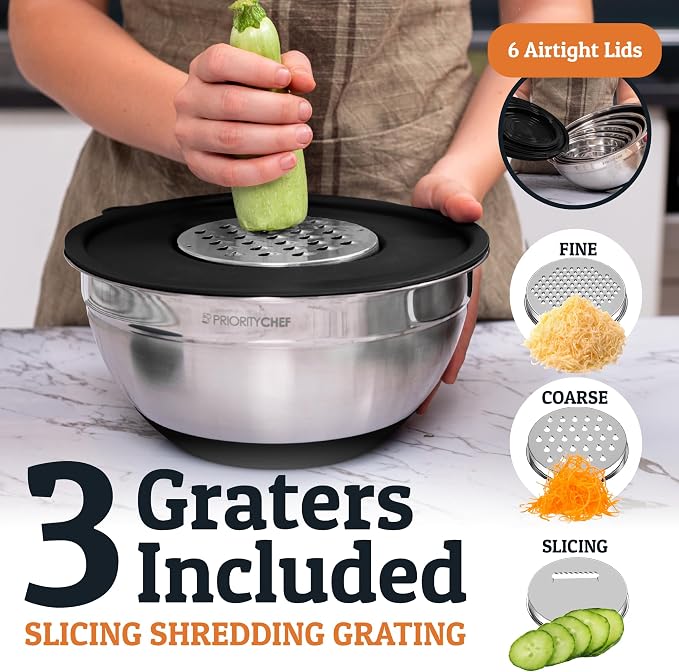 Priority Chef 6Pc Stainless Steel Mixing Bowls with Lids Set, Huge 7 Qrt Size Metal Bowl Set for Kitchen, 3 Graters, Non-Slip Bases & Silicone Utensils Set, Black