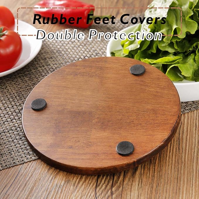 Cast Iron with Wood Trivet, Metal Trivets for Hot Dishes, Decorative 8-inch Round Kitchen Hot Pad, with Vintage Pattern for Serving Pot, Plates & Teapot on Kitchen Countertop or Dinning Table(Black)