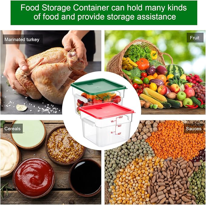 FoldTier 2 Pieces Square Food Storage Containers Polycarbonate Clear food Container with Lid Commercial Storage with Graduations for Commercial Kitchen Dough Marinating Meat(Green, Red,12 Qt)