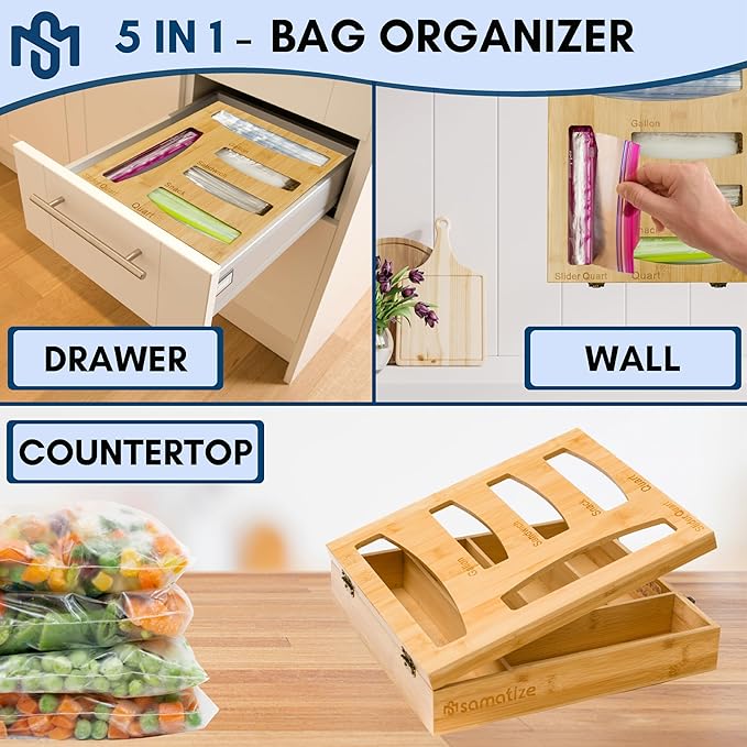 Storage Bag Holder, Baggie Organizer for Drawer or Wall Mount, Compatible with Gallon, Quart, Sandwich, Snack Size Bags, 1 Box 5 Slots, Bamboo Drawer Organizer, Baggie Holder