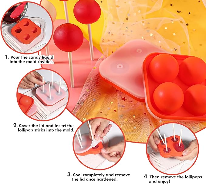 Webake Lollipop Molds Set of 3, Silicone Sphere Hard Candy Sucker Molds with 100 Paper Lollipop Sticks, Round 3D Candy Ice Chocolate Cake Pop Molds with Lids
