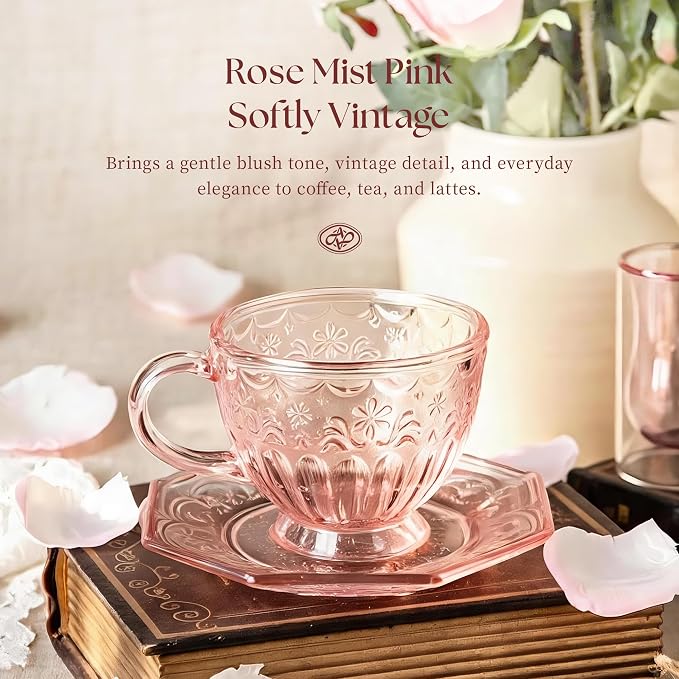 Handcrafted Vintage Glass Coffee Cup and Saucer Set, 12 oz Large Tea Cup with Octagonal Saucer for Coffee, Latte, Tea, Gift for Women, Microwave & Dishwasher Safe, Rose Mist Pink