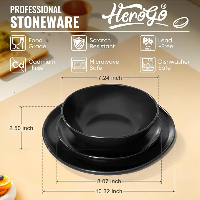 Herogo Stoneware Dinnerware Sets for 8, 24 Piece Ceramic Dinner Dishes Set, Irregular Handmade Plates and Bowls Dishware, Crack and Scratch Resistant, Reactive Glaze, Matte Black