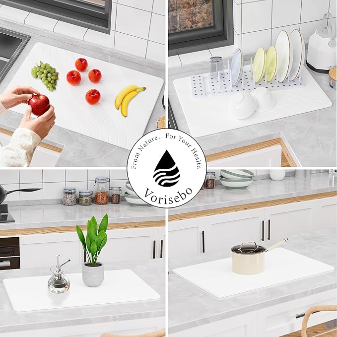 Large Stone Drying Mat for Kitchen Counter, 24" × 16" Diatomite Dish Drying Mat, Ultra Absorbent Diatomaceous Earth Dry Stone Mats with Dish Rack for Dished, Bottles, White