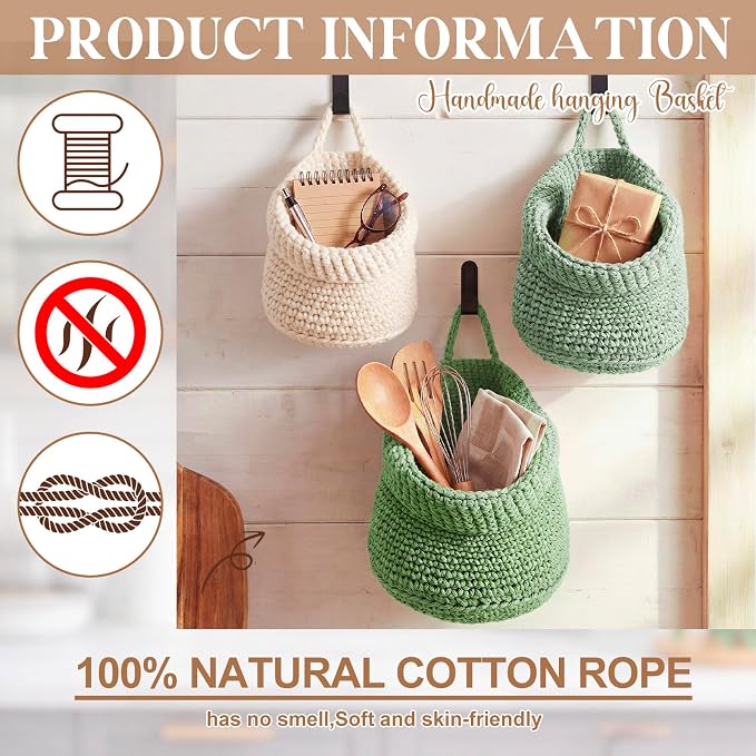 Honeydak Boho Decor Hanging Wall Baskets for Kitchen 3 Pack Teardrop Baskets with Hooks Storage Fruit Onion Vegetable Potato for Home 3 Sizes(Sage Color Palette,Barrel,Cotton Rope)