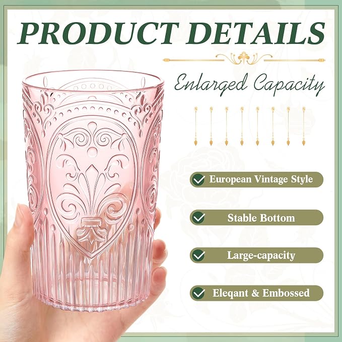 48 Pcs 16 oz Plastic Vintage Drinking Glasses Stemless Ribbed Highball Glasses Bulk Embossed Reusable Cup for Water Beer Cocktails Juice Wedding Bridal Shower Birthday Event Party (Pink)