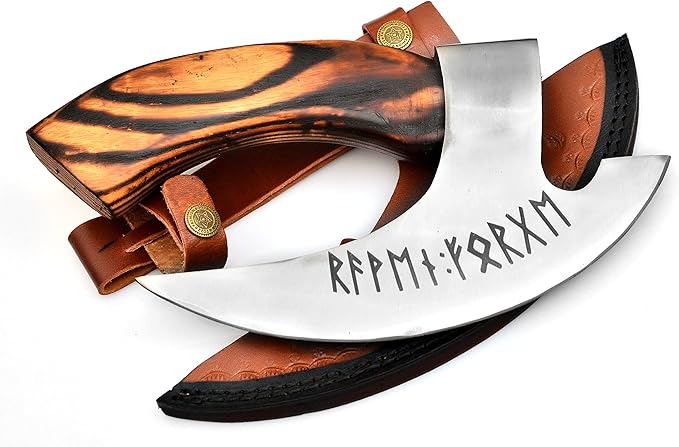 Handmade 11” Pizza Cutter, 10” Cutting Blade with Carbon Steel, Leather Sheath, Special Design, Viking Style Pizza Cutter Design. Multi-Purpose Cutter… (Textured Wood Handle)