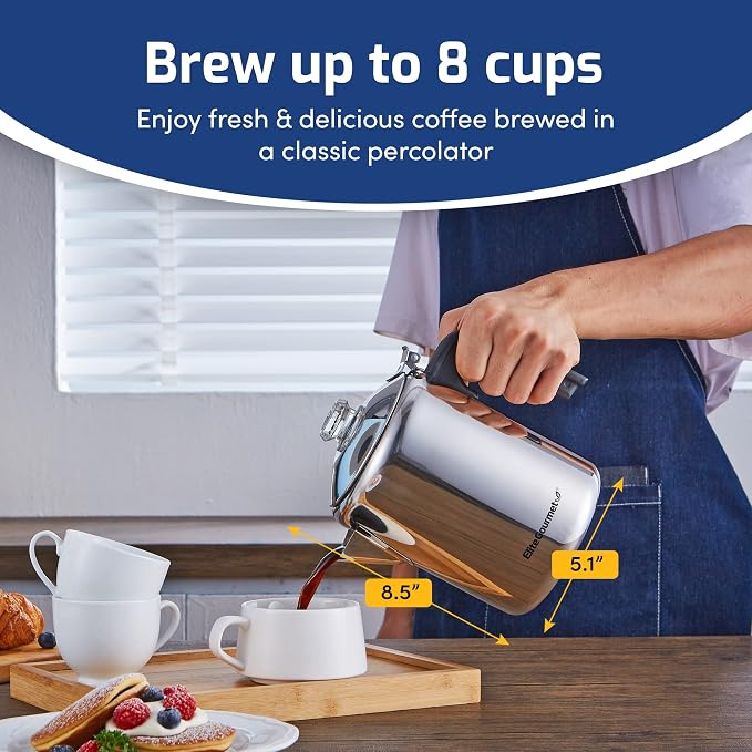 Elite Gourmet EC008 Classic Stovetop Coffee Percolator,Glass Clear Brew Progress Knob,Cool-Touch Handle,Cordless Serve,8-Cup,Stainless Steel,(Pack of 12)