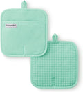 KITCHENAID Gourmet Series Gridlines Pot Holders 2-Pack Set, Heat Resistant up to 600°F, Soft Silicone Grip, Magnetic Cuff, Color of The Year, Spearmint, 8"x8"