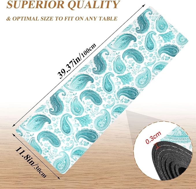 2 in 1 Table Runner Trivet for Hot Pots and Pans Heat Resistant Non Slip Waterproof 39 x 12 Inch Decorative Table Protector for Kitchen Countertop Teal Paisley
