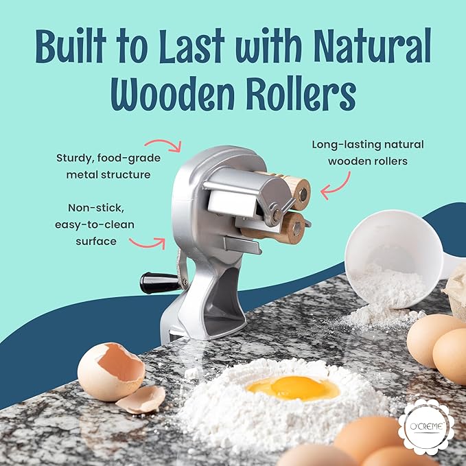 O'Creme Wooden Roller Cavatelli Pasta Maker – Original Italian Pasta Roller Machine – Non-Stick Coating Wooden Rollers Gnocchi Maker Pasta Attachment – Easy to Clean and Precision Cut