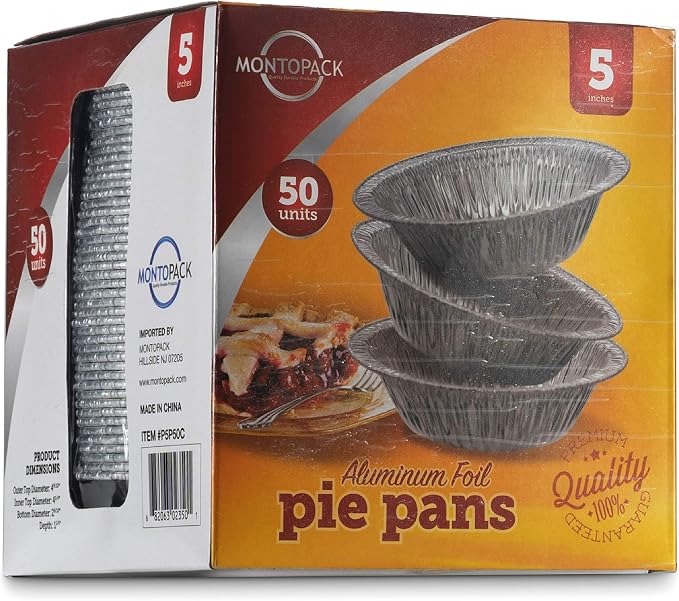 MontoPack Disposable 5" Aluminum Foil Pie/Tart Pan (50 Pack) | 5 Inch Round Cake Pan for Baking Personal Mini Pies, Homemade Cakes & Quiche | Oven Safe Foil Tins Easily Stack & Store, Freeze & Reheat