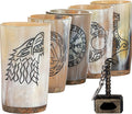 FENRIR Viking Drinking Horn Mug Set of 5 – Gifts for Men, Dad, Husband – Unique Viking Gift – Natural Ox Horn Cup with Thor Bottle Opener – For Beer, Ale, Mead (10 oz/Glass)