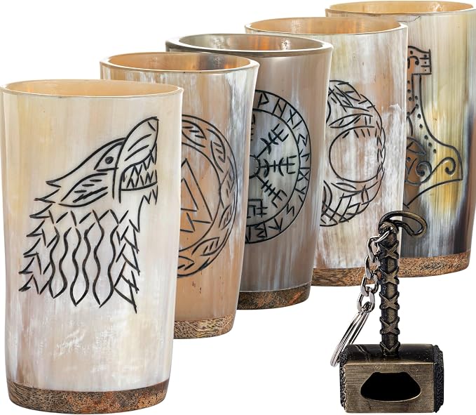 FENRIR Viking Drinking Horn Mug Set of 5 – Gifts for Men, Dad, Husband – Unique Viking Gift – Natural Ox Horn Cup with Thor Bottle Opener – For Beer, Ale, Mead (10 oz/Glass)