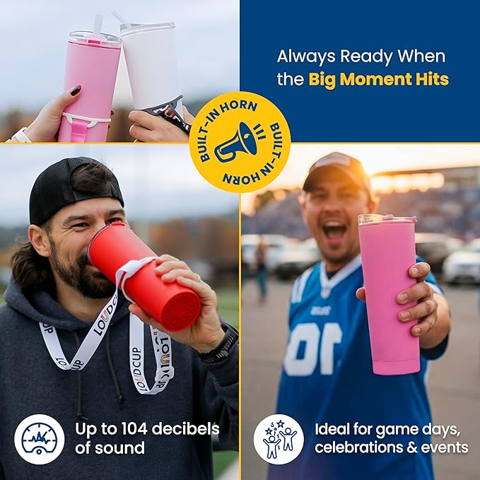 The LoudCup Blow Horn Tumbler, Cheer & Sip 2-in-1 Reusable Water Bottle with Built-In Horn for Sports Games, Tailgates, Parties & Events, BPA-Free, 23 oz, Panther Pink