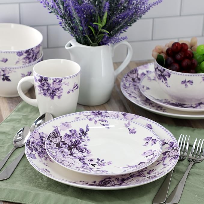 Elama Traditional Rose 16 Piece Porcelain Dinnerwar/Tableware Set, Service for 4 (Purple)
