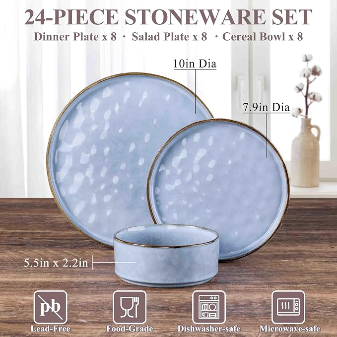 Herogo 24 Pieces Dinner Plates and Bowls Sets for 8, Stoneware Dinnerware Sets for Kitchen Dining, Reactive Glaze, Dishwasher & Microwave Safe, Haze Blue