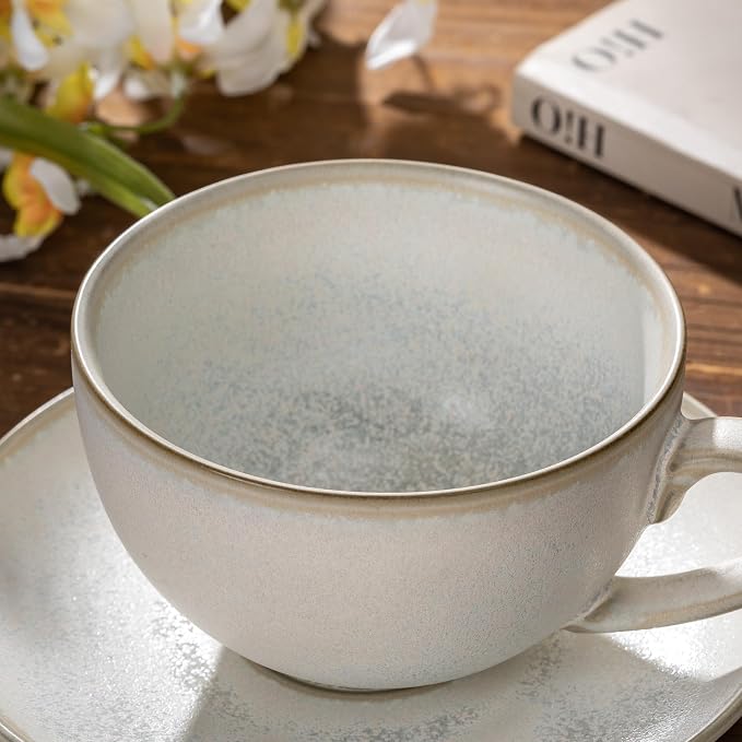 Porcelain Coffee Cup with Saucer, 10 oz Vintage Design Ceramic Latte Art Cappuccino Barista Espresso Tea Cup with Saucer(White Shell)
