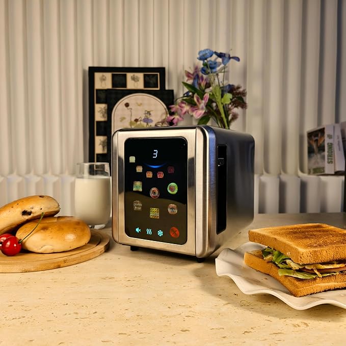 WHALL Full Touch Screen Toaster 2 Slice, 1.5'' Wide Slot Stainless Steel Toaster with Digital Timer, 6 Bread Types & 6 Shade Settings, Crumb Tray, Reheat/Defrost, Smart Toasters for Bagels, Silver