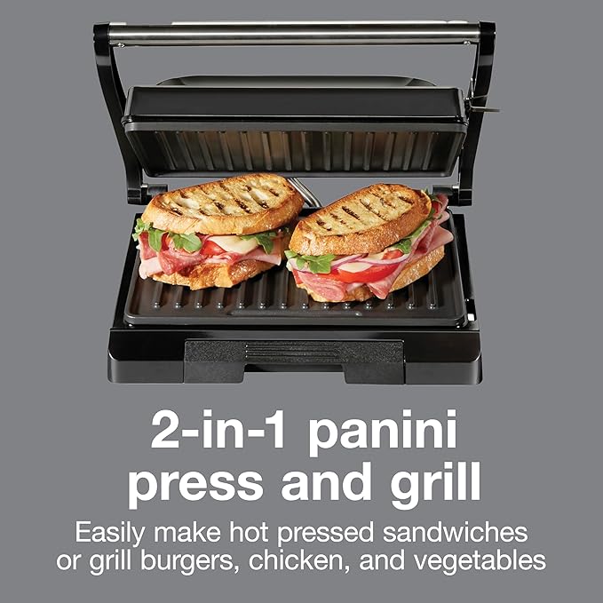 Proctor Silex-Panini Press Sandwich Maker and Electric Indoor Grill, Easy Clean PFAS-Free Nonstick Grids, Compact Upright Storage, Black (25440MN)